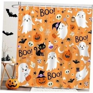 Halloween Shower Curtain Orange Cartoon Boo Cat Pumpkin Ghost Halloween 72x72